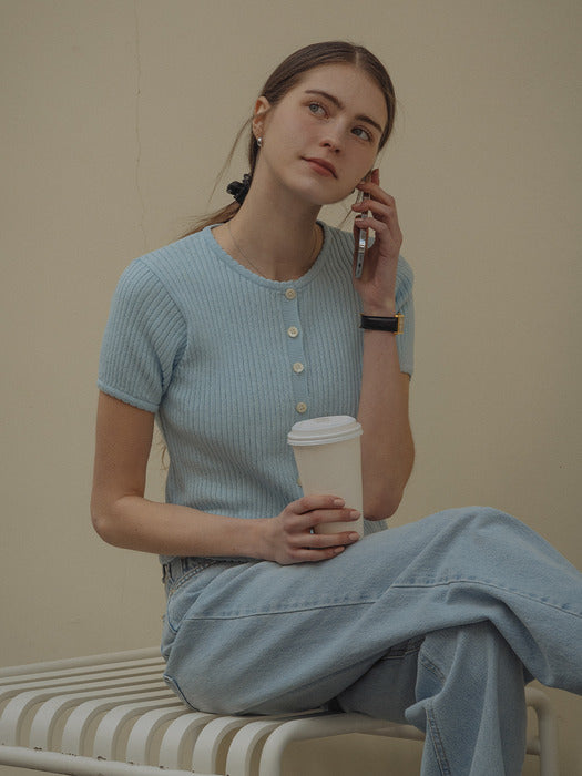 [TILLIDIE] Scallop ribbed half sleeve cardigan_Sky blue