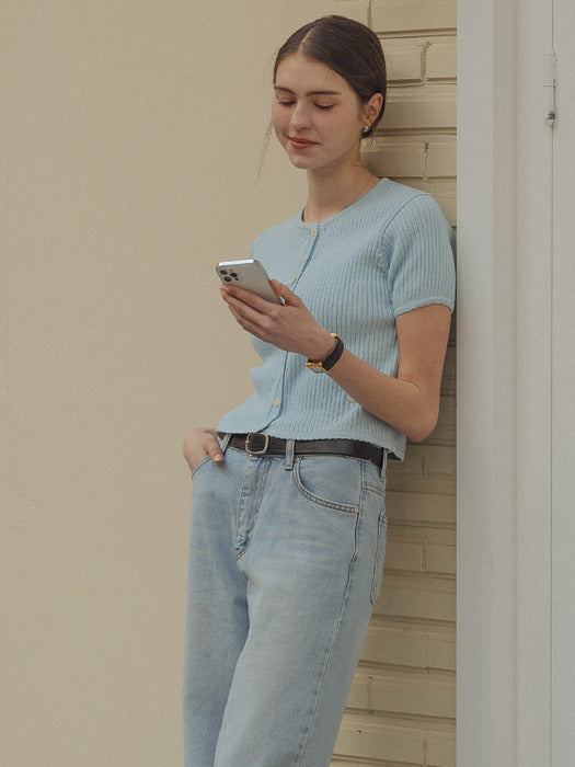 [TILLIDIE] Scallop ribbed half sleeve cardigan_Sky blue