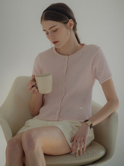 [TILLIDIE] Scallop ribbed half sleeve cardigan_Pink