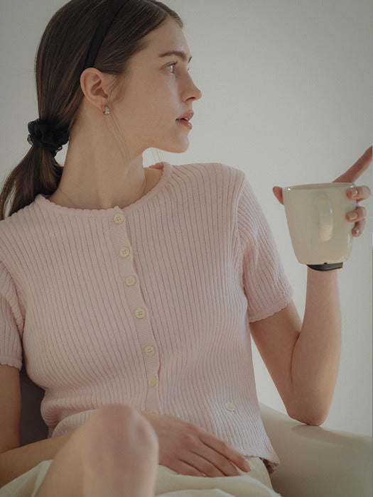 [TILLIDIE] Scallop ribbed half sleeve cardigan_Pink