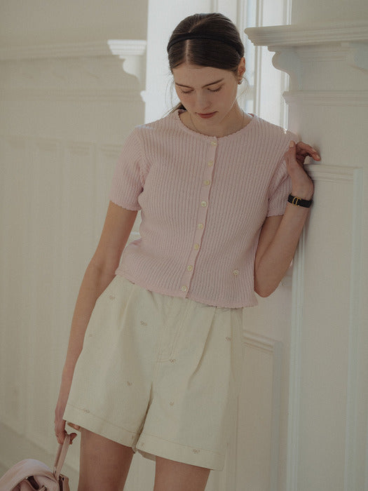 [TILLIDIE] Scallop ribbed half sleeve cardigan_Pink