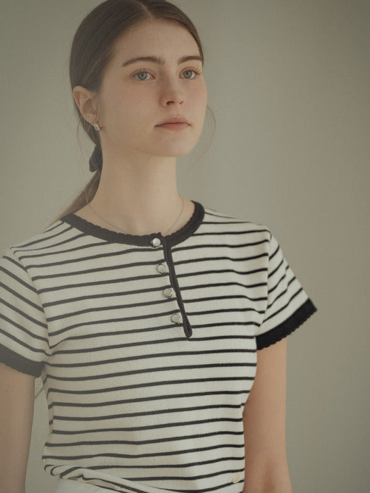 [TILLIDIE] Scallop stripe half sleeve knit_Black