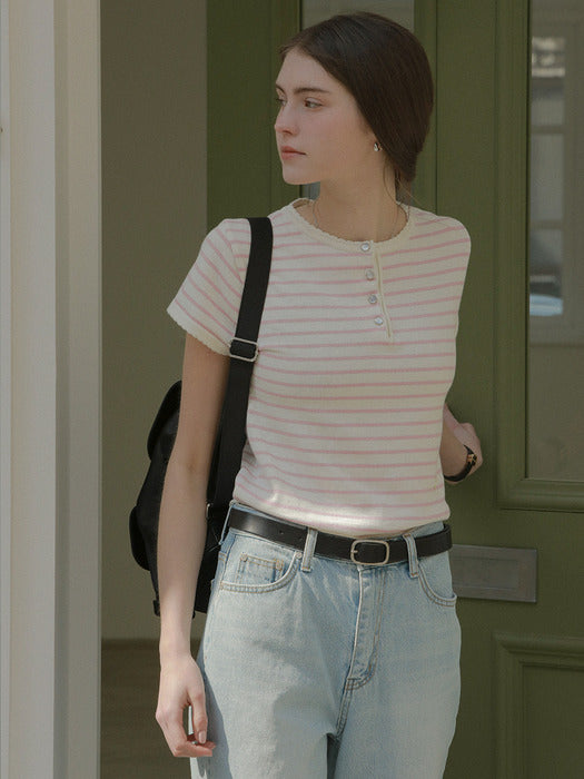 [TILLIDIE] Scallop stripe half sleeve knit_Pink