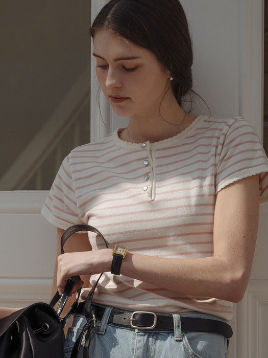 [TILLIDIE] Scallop stripe half sleeve knit_Pink