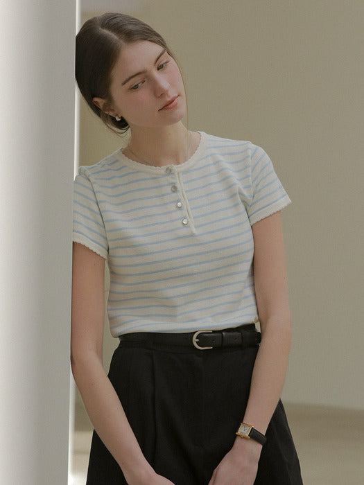 [TILLIDIE] Scallop stripe half sleeve knit_Sky blue