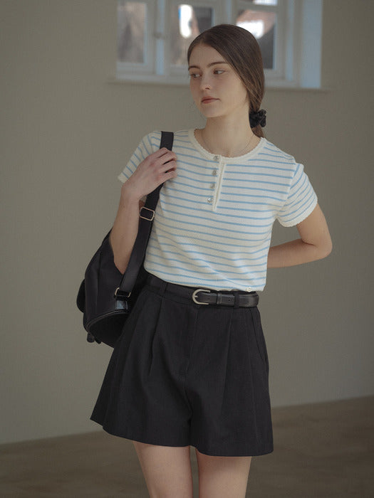 [TILLIDIE] Scallop stripe half sleeve knit_Sky blue