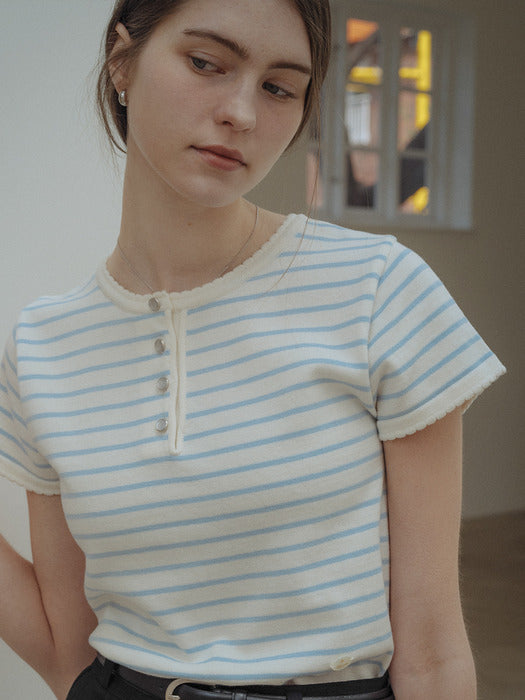 [TILLIDIE] Scallop stripe half sleeve knit_Sky blue