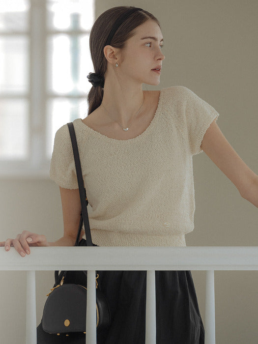 [TILLIDIE] Scoop neck short sleeve knit_Light beige