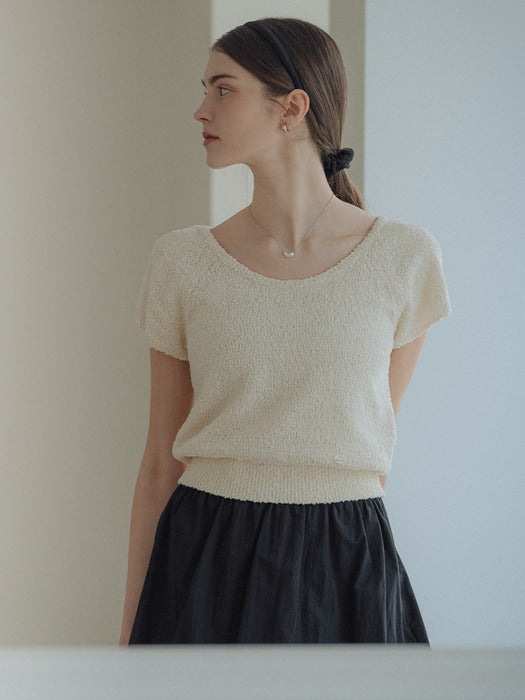[TILLIDIE] Scoop neck short sleeve knit_Light beige