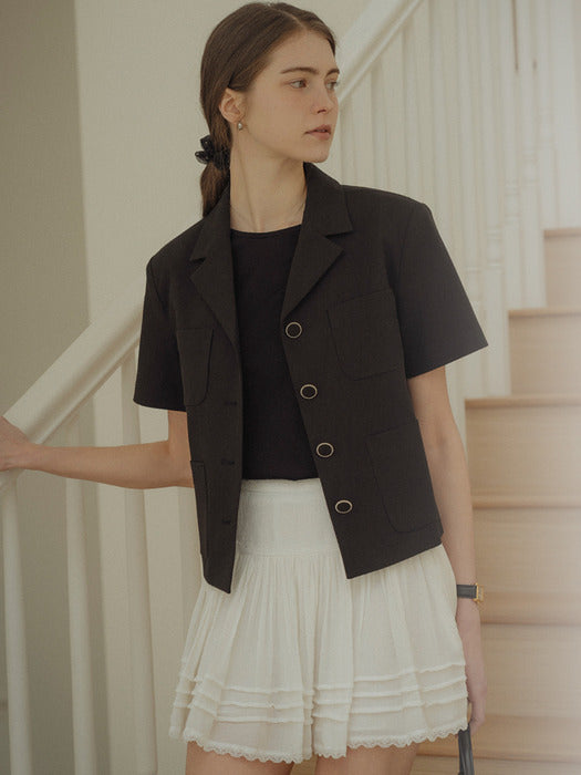 [TILLIDIE] Linen blended pocket point half sleeve jacket_Black