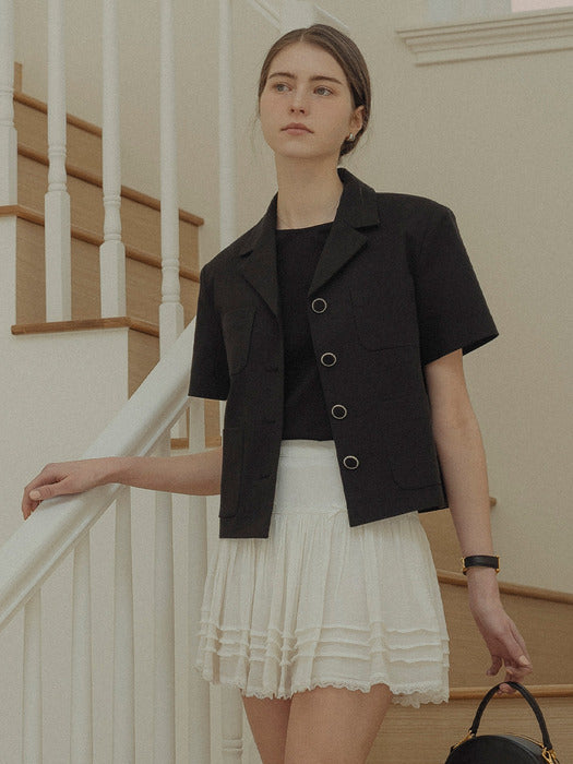 [TILLIDIE] Linen blended pocket point half sleeve jacket_Black