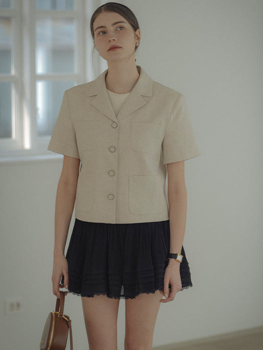 [TILLIDIE] Linen blended pocket point half sleeve jacket_Beige