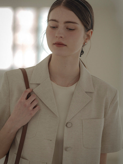 [TILLIDIE] Linen blended pocket point half sleeve jacket_Beige