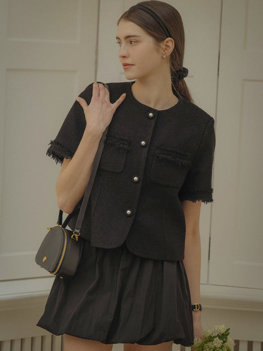 [TILLIDIE] Fringe detail half sleeve tweed jacket_Black