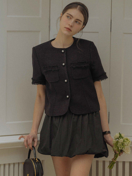 [TILLIDIE] Fringe detail half sleeve tweed jacket_Black