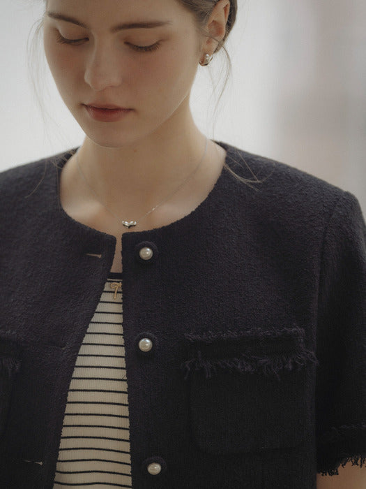 [TILLIDIE] Fringe detail half sleeve tweed jacket_Black