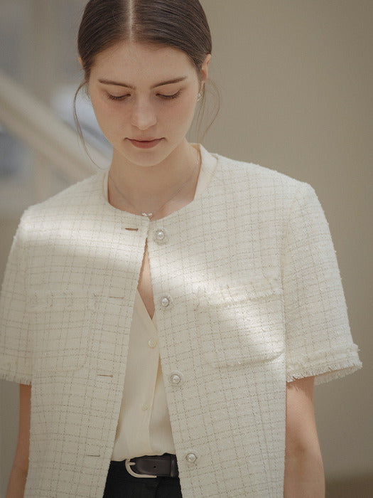 [TILLIDIE] Fringe detail half sleeve tweed jacket_Ivory