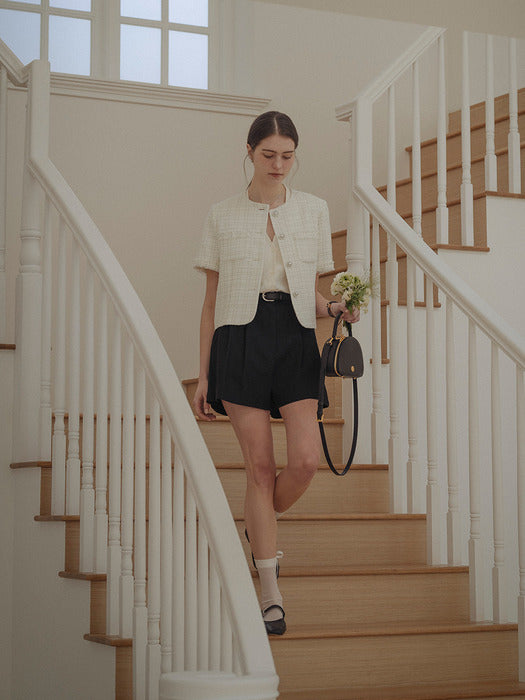 [TILLIDIE] Fringe detail half sleeve tweed jacket_Ivory