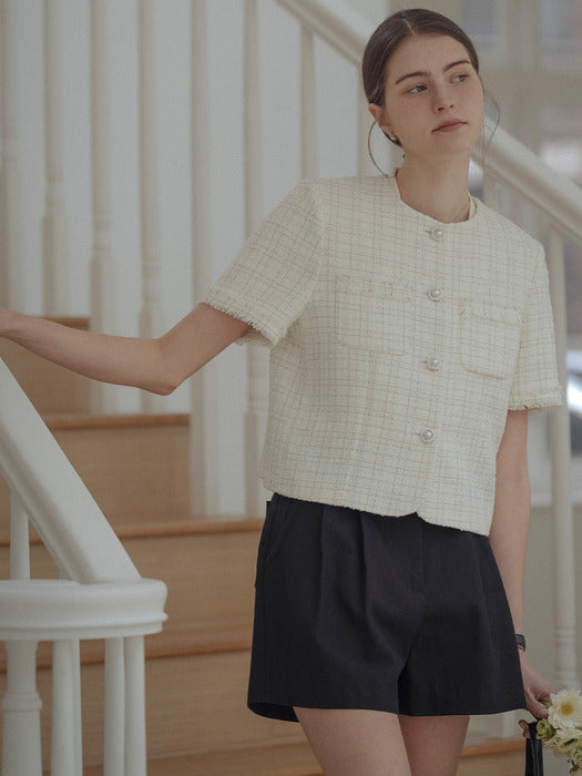 [TILLIDIE] Fringe detail half sleeve tweed jacket_Ivory