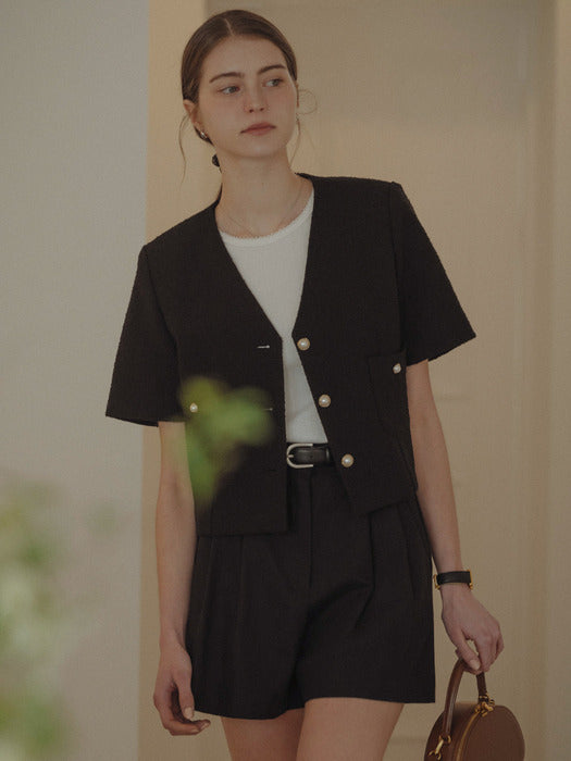[TILLIDIE] Collarless pearl button summer tweed jacket_Black