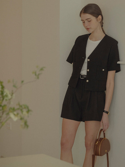 [TILLIDIE] Collarless pearl button summer tweed jacket_Black