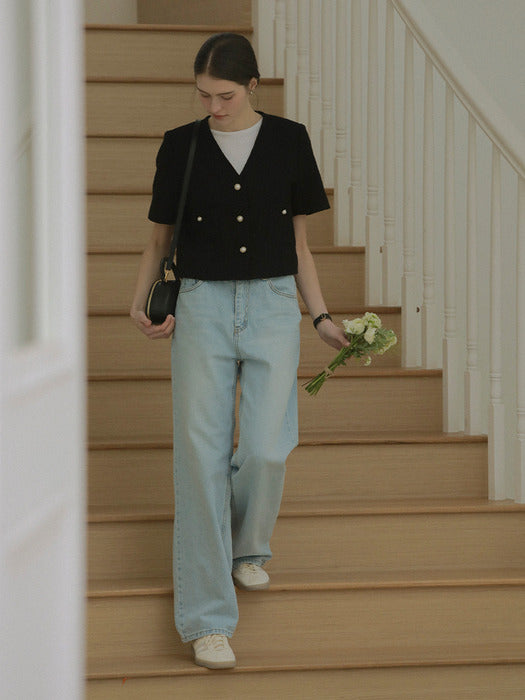 [TILLIDIE] Collarless pearl button summer tweed jacket_Black