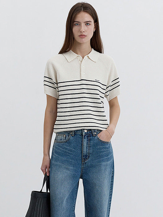 Dunst Unisex Collared Stripe Knit Cream