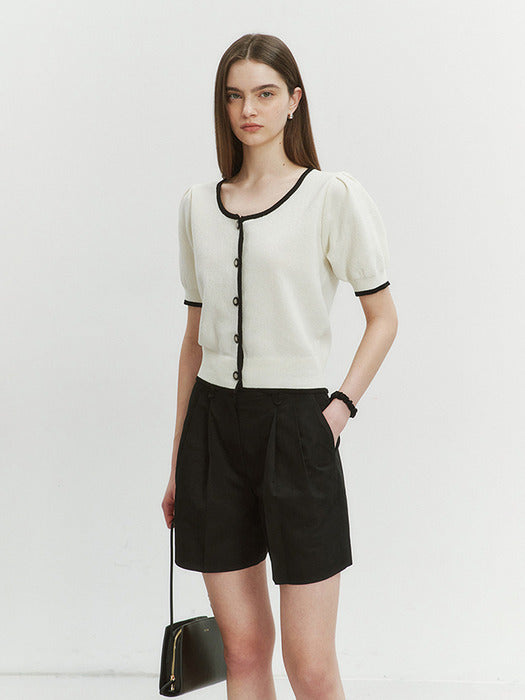 Dunst Scoop Neck Puff Sleeve Cardigan Ivory / Black