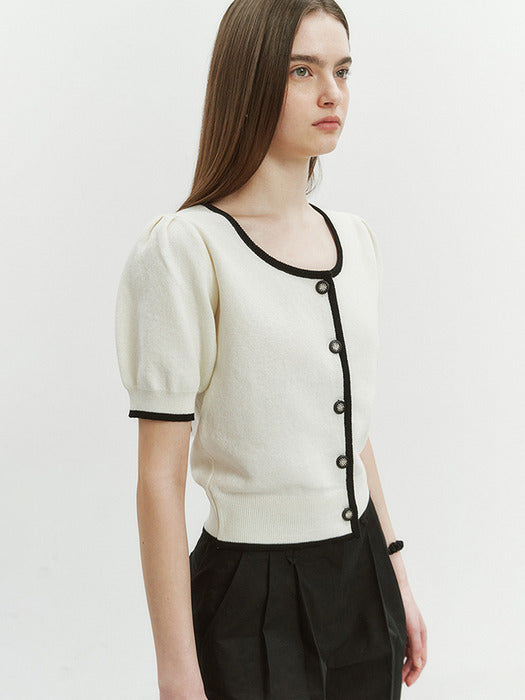 Dunst Scoop Neck Puff Sleeve Cardigan Ivory / Black