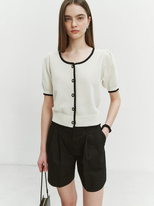 Dunst Scoop Neck Puff Sleeve Cardigan Ivory / Black