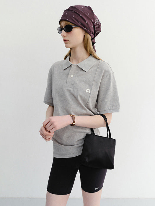 Dunst Unisex Leather Logo Polo Shirt Melange Grey