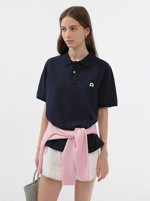 UNISEX LEATHER LOGO POLO SHIRT NAVY_UDTS5B122N2