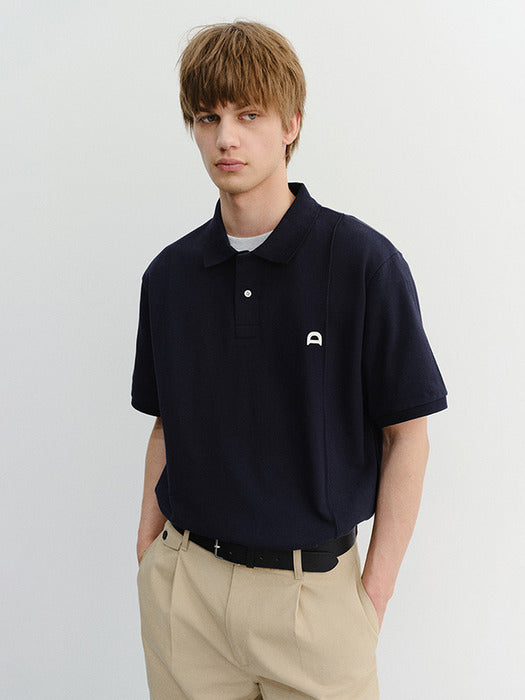 Dunst Unisex Leather Logo Polo Shirt Navy
