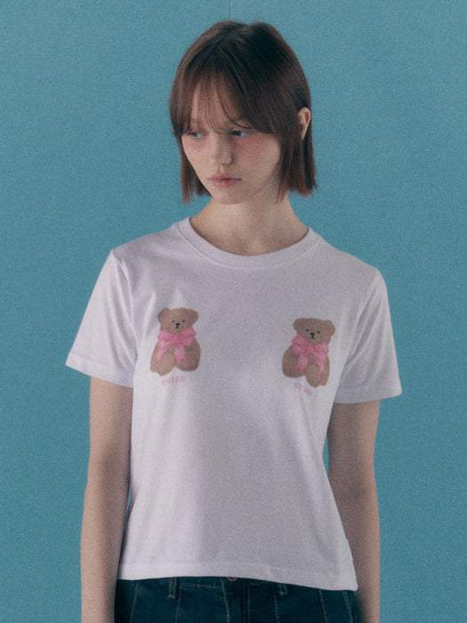 [ambler] Ribbon bear Crop T-Shirts ACR501 (White)