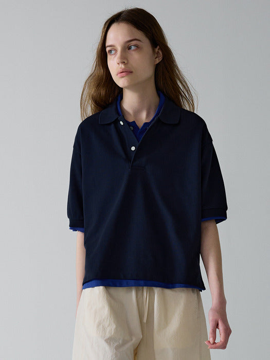 Facade Pattern Cropped Collar T-shirt navy