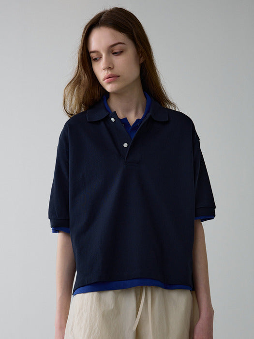 Facade Pattern Cropped Collar T-shirt navy