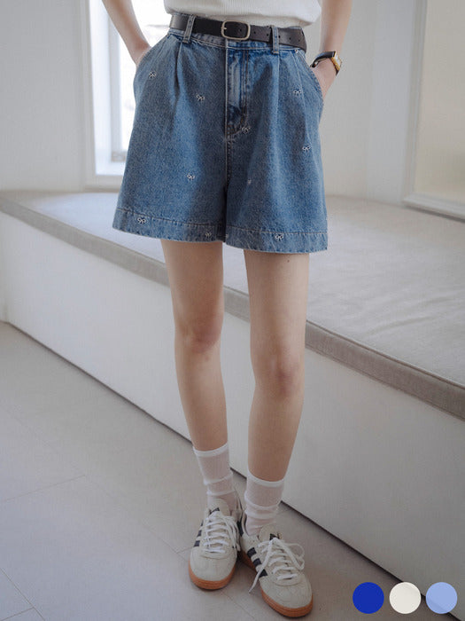 [TILLIDIE] Ribbon embroidery double tuck denim shorts[3color]