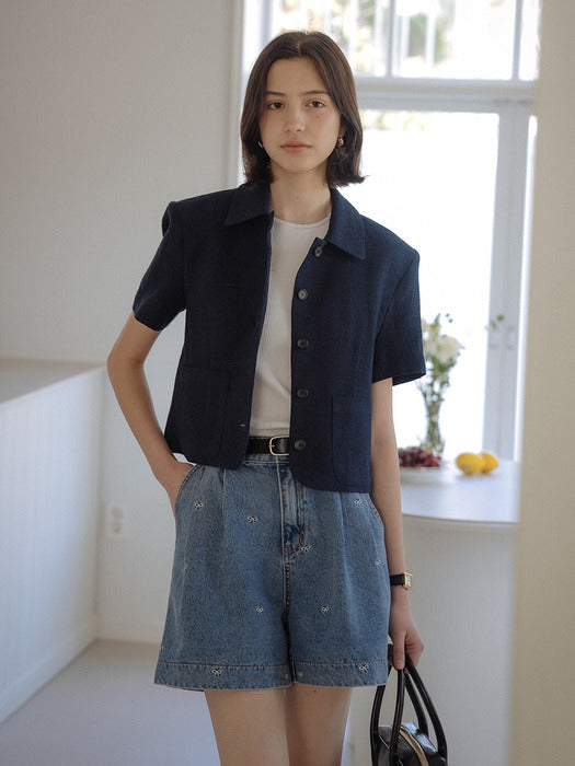 [TILLIDIE] Ribbon embroidery double tuck denim shorts[3color]