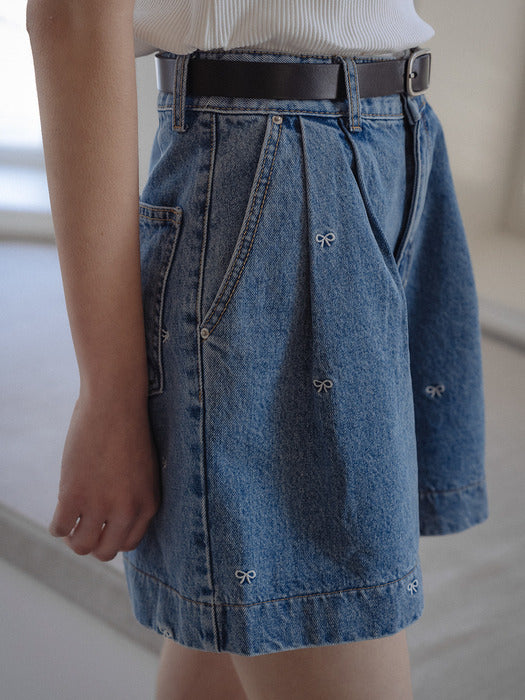 [TILLIDIE] Ribbon embroidery double tuck denim shorts[3color]