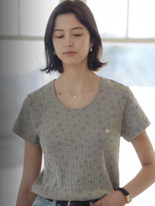 [TILLIDIE] Flower point U-neck short sleeve t-shirt_Gray