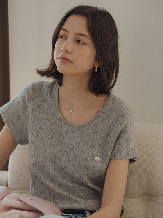 [TILLIDIE] Flower point U-neck short sleeve t-shirt_Gray