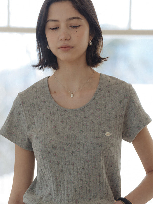 [TILLIDIE] Flower point U-neck short sleeve t-shirt_Gray