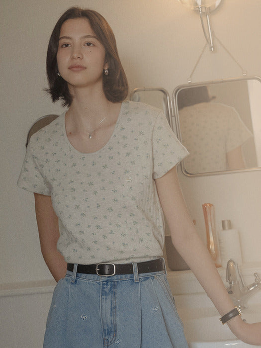 [TILLIDIE] Flower point U-neck short sleeve t-shirt_Oatmeal
