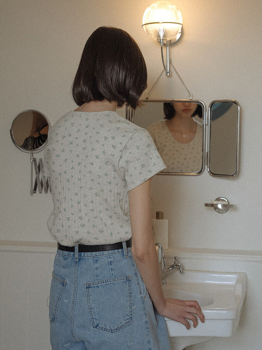 [TILLIDIE] Flower point U-neck short sleeve t-shirt_Oatmeal