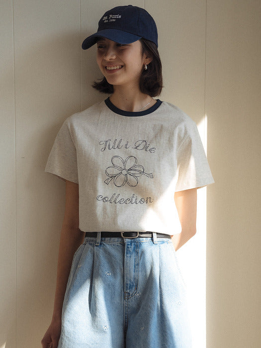 [TILLIDIE] Floral print half sleeve t-shirt_Oatmeal