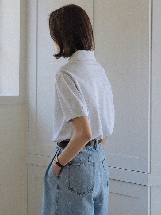 [TILLIDIE] Heart detail half sleeve pique t-shirt_Light gray