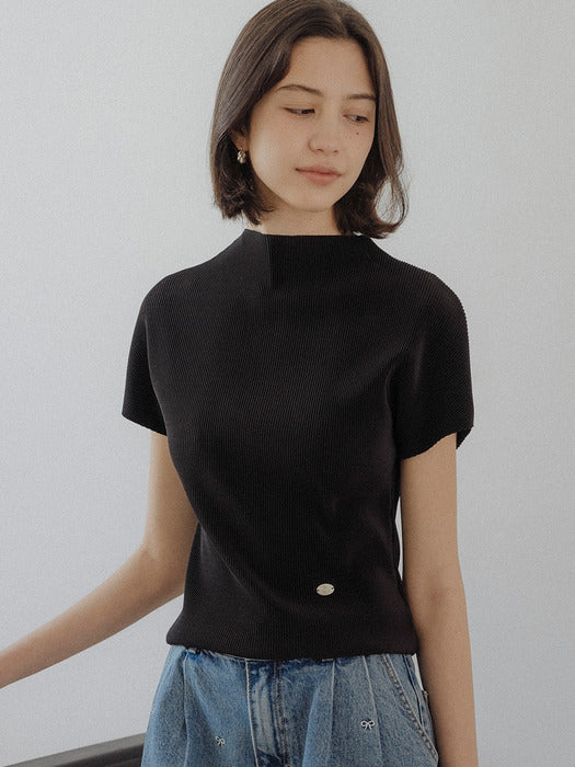 [TILLIDIE] Pleated high neck short sleeve top_Black