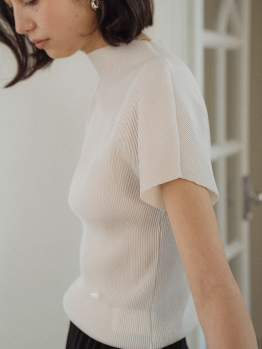 [TILLIDIE] Pleated high neck short sleeve top_Ivory