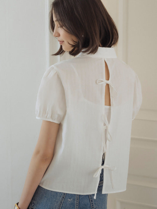 [TILLIDIE] Open back ribbon point blouse_Ivory