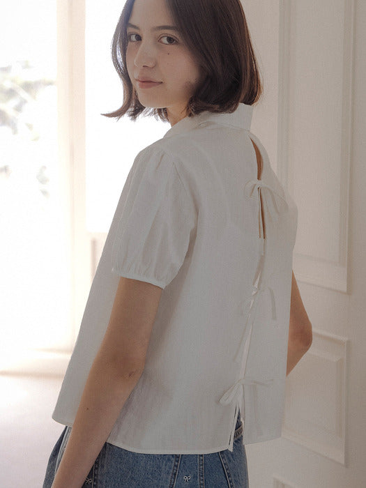 [TILLIDIE] Open back ribbon point blouse_Ivory
